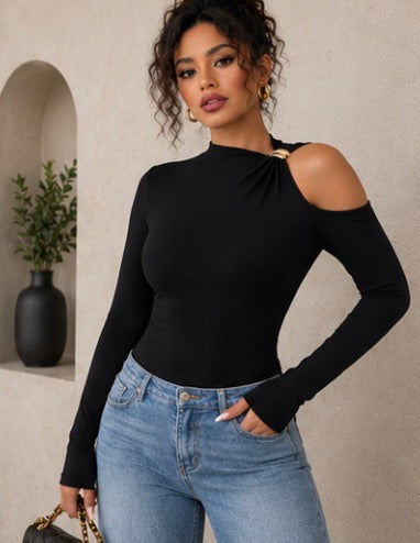 R&h Women's Fashion Slant Collar Design with Autumn Winter Long Sleeve Top