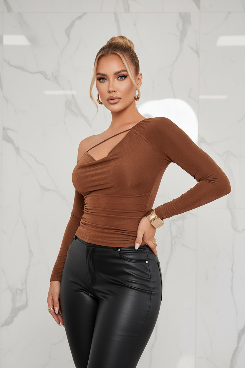 R&h Brown Off-Shoulder Deep V Pleated Top Slim Long Sleeves Spicy Dating Street Tight T-Shirt