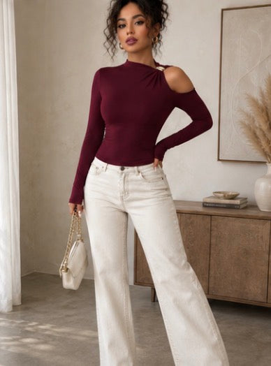 R&h Women's Fashion Slant Collar Design with Autumn Winter Long Sleeve Top