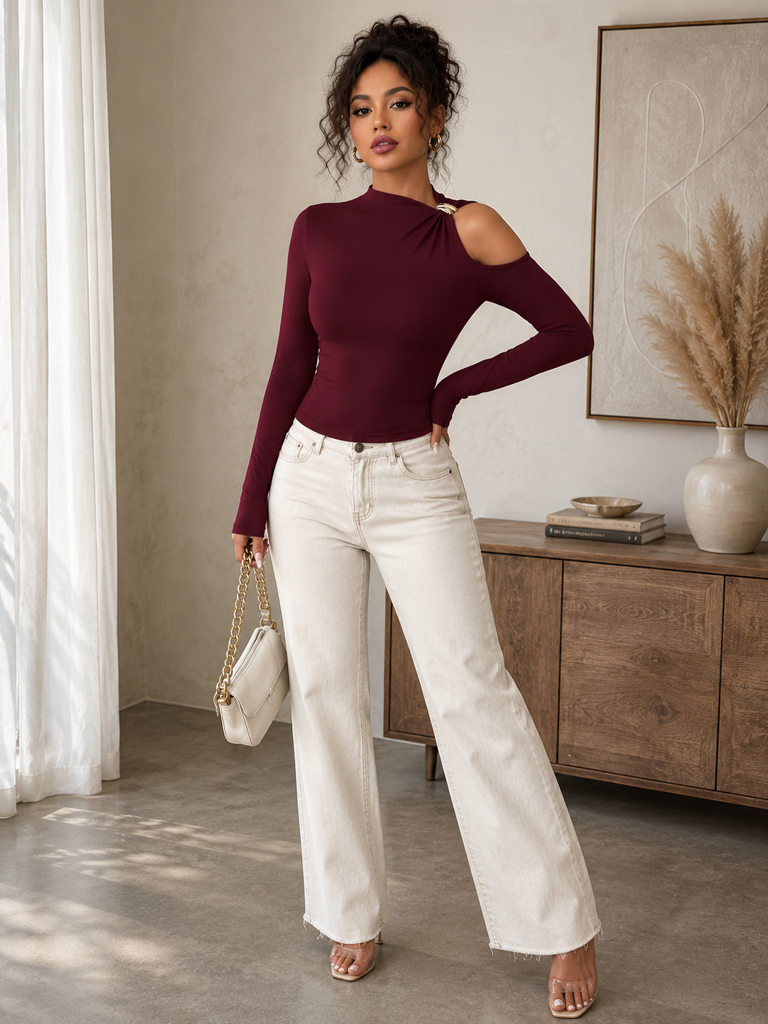 R&h Women's Fashion Slant Collar Design with Autumn Winter Long Sleeve Top