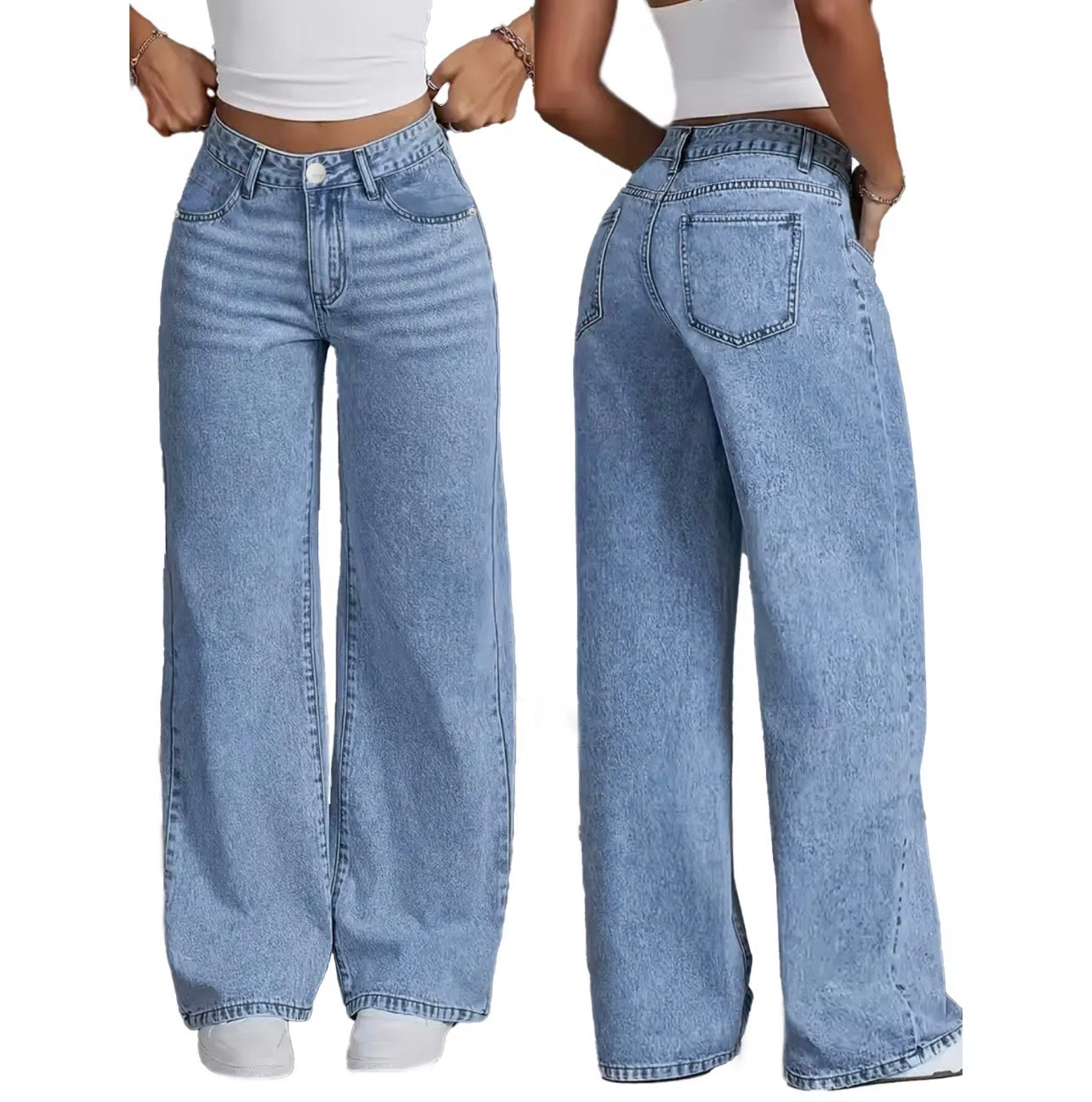 High stretch,Women's Casual Loose High Waist Wide Leg Breathable Denim Pants Floor-Length Summer Autumn