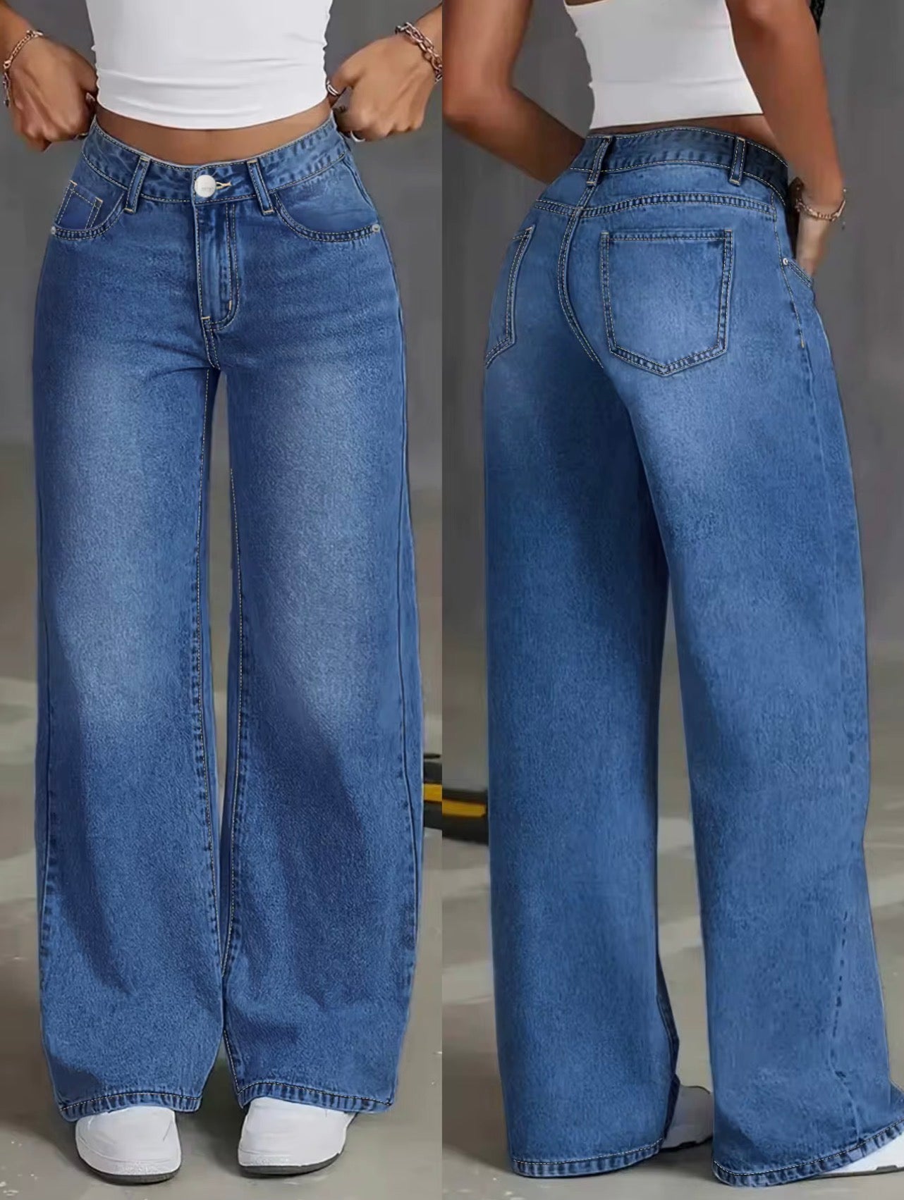 High stretch,Women's Casual Loose High Waist Wide Leg Breathable Denim Pants Floor-Length Summer Autumn